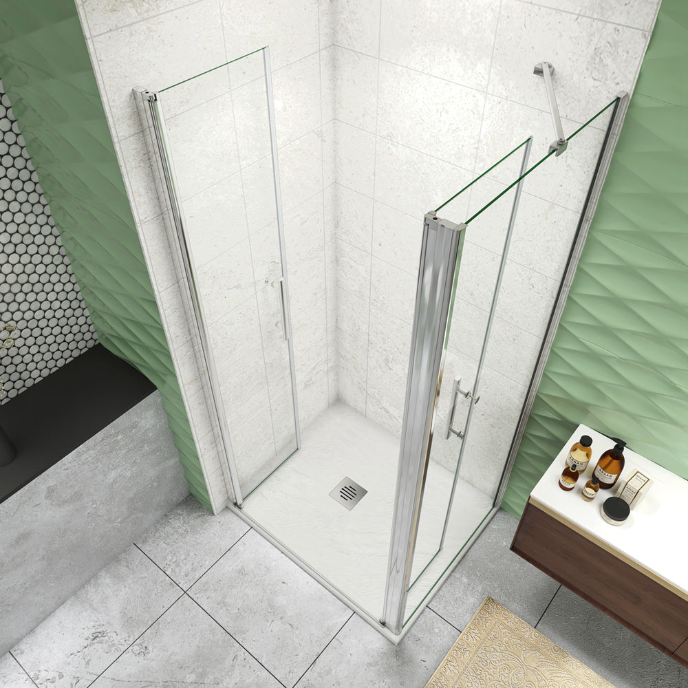 195cm Box Doccia Angolare Porta Battente Saloon Parete Fissa Vetro da 6mm Temperato Anticalcare Barra Stabilizzatrice 45cm Cromo Lucido