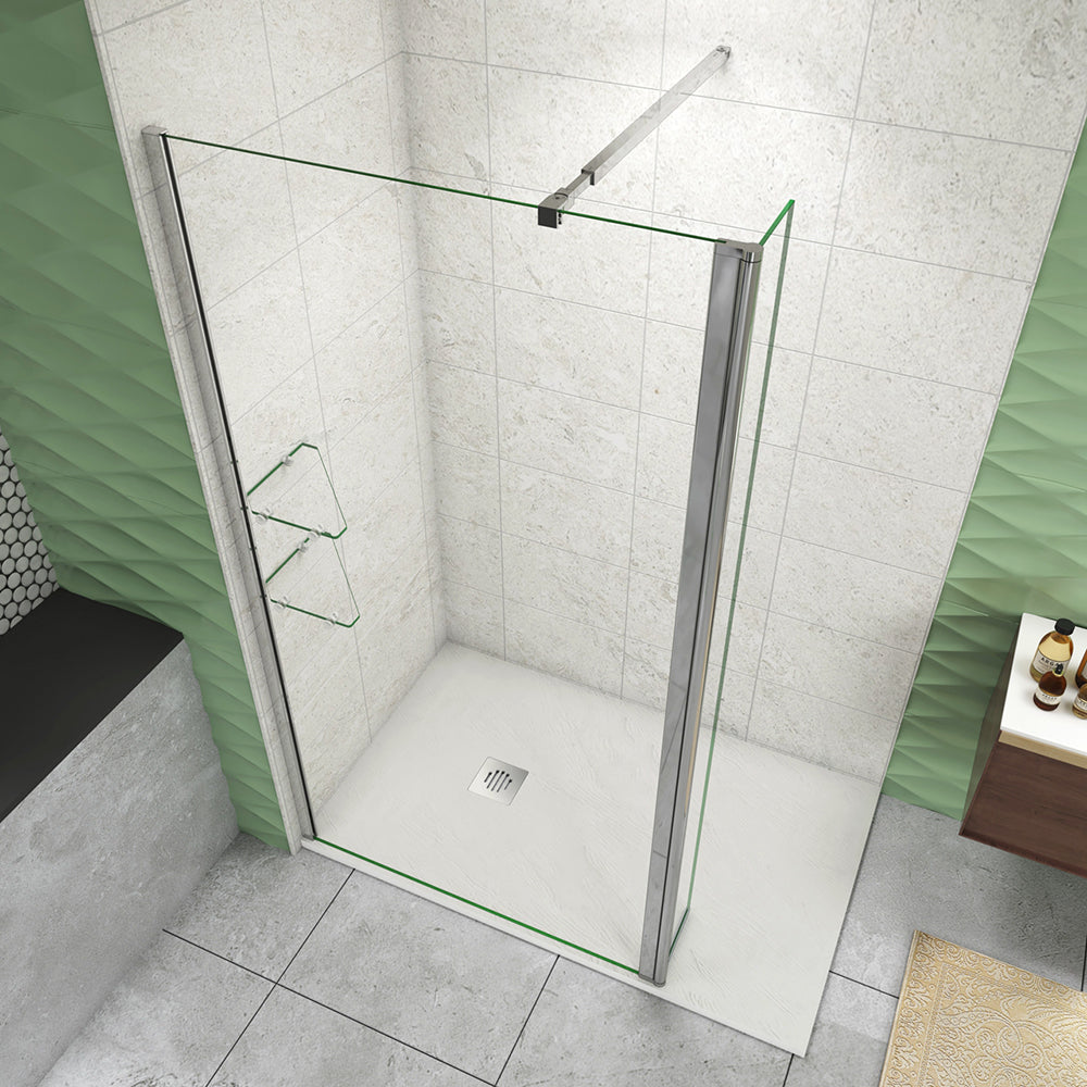 Box Doccia Walk In Parete Fissa 80-120cm Paretina Mobile 30/40 cm Vetro Temperato 8 mm Anticalcare 2 Ripiani Mensole Barra Stabilizzatrice 73-120cm