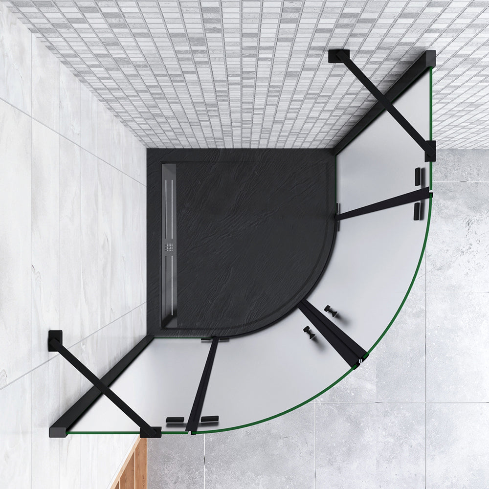 195cm Box Doccia Semicircolare Apertura Battente Vetro 6mm Temperato Satinato Anticalcare con 2 Barre Stabilizzatrici Telai in Nero Opaco