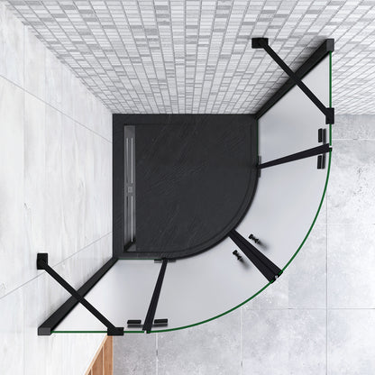 195cm Box Doccia Semicircolare Apertura Battente Vetro 6mm Temperato Satinato Anticalcare con 2 Barre Stabilizzatrici Telai in Nero Opaco