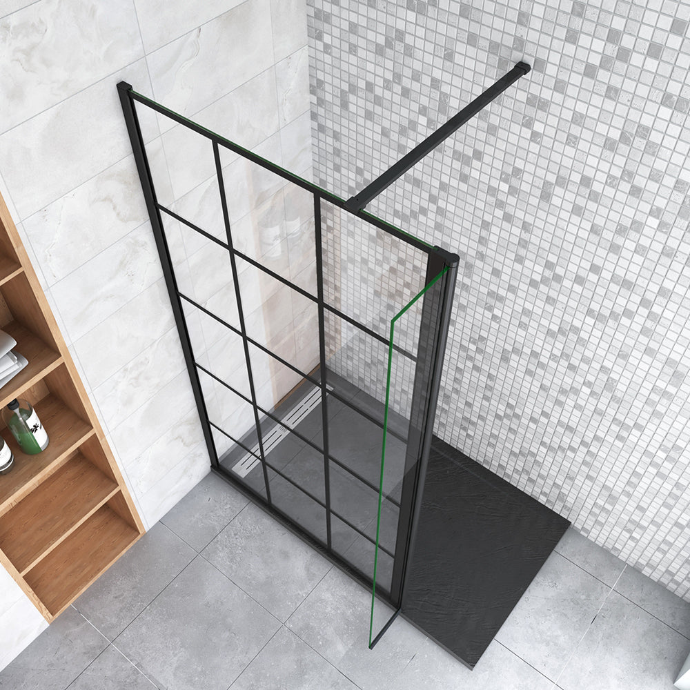 Doccia Walk in 130-150x200cm Due Pareti (100-120 +30) cm Vetro 8mm Temperato Anticalcare Serigrafato con Riquadri Barra Stabilizzatrice 110x200 Tipo 1 - Lunga 90 cm tagliabile