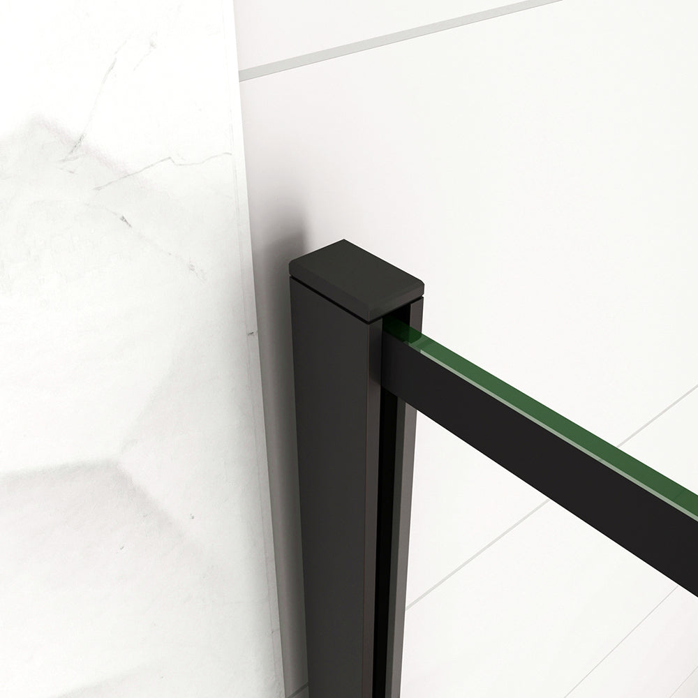 Aica 200 cm Doccia Walk In Parete Fissa in Vetro Temperato 8 mm Anticalcare Serigrafato Nero con Riquadri Barra Stabilizzatrice Telaio Nero Opaco