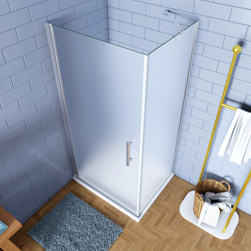 195cm Box Doccia Angolare Porta Battente con Parete Fissa con Barra Stabilizzatrice in Vetro Temperato Satinato Opaco 6mm Anticalcare Cromo Lucido