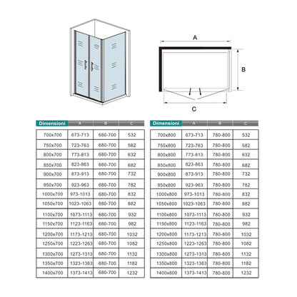 185cm Box Doccia Angolare Porta Battente Saloon Parete Fissa Vetro da 6mm Temperato Anticalcare Barra Stabilizzatrice 45cm Cromo Lucido