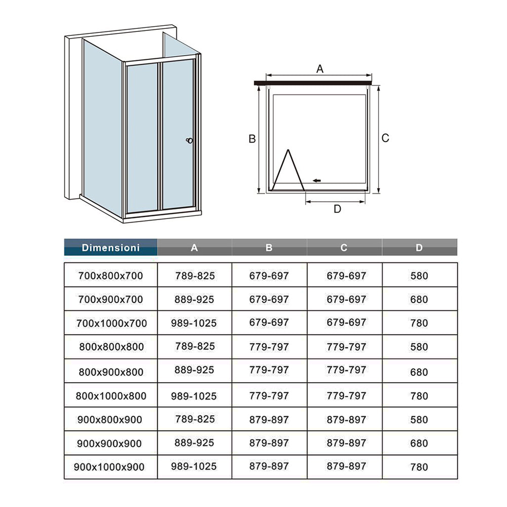 Aica 185 cm Box Doccia Rettangolare a 3 Lati Porta a Soffietto Due Pareti Fisse Vetro Temperato Trasparente varie dimensioni