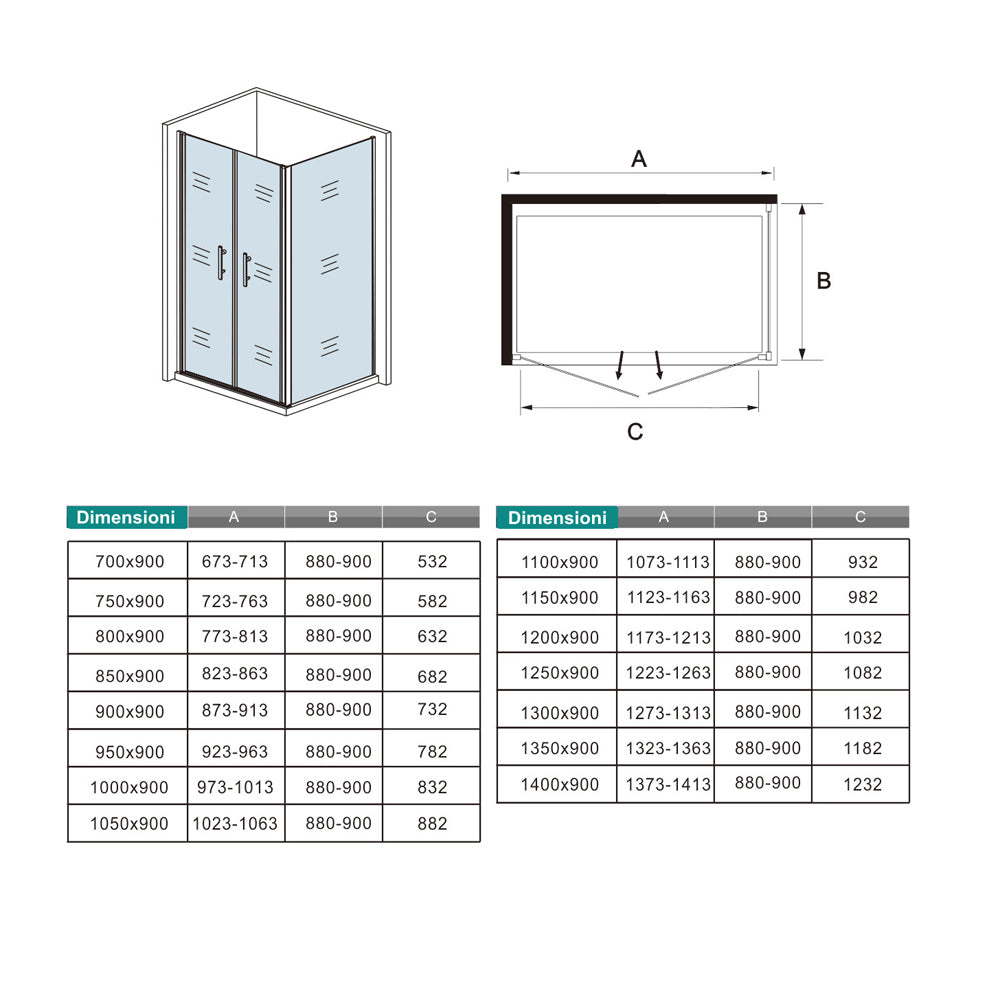 195cm Box Doccia Angolare Porta Battente Saloon Parete Fissa Vetro da 6mm Temperato Anticalcare Barra Stabilizzatrice 45cm Cromo Lucido