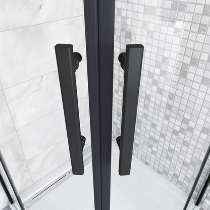 195cm Box Doccia Semicircolare Doppia Porta Battente Vetro 6mm Temperato Trasparente Easyclean, Barra Stabilizzatrice e Telai in Nero Opaco