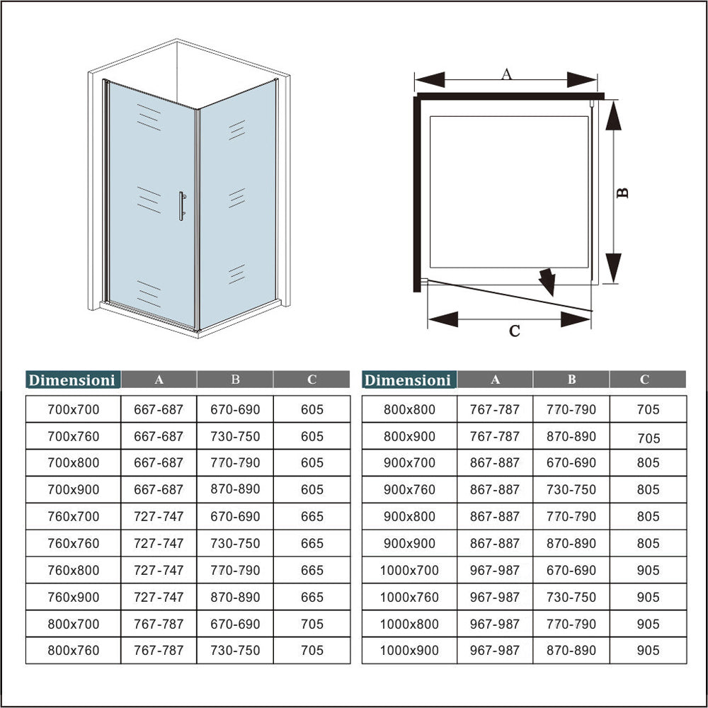 Aica 195cm Box Doccia Angolare Porta Battente con Parete Fissa in Vetro Temperato Satinato Opaco 6mm Anticalcare con Barra Stabilizzatrice 140cm
