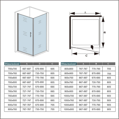 Aica 195cm Box Doccia Angolare Porta Battente con Parete Fissa in Vetro Temperato Satinato Opaco 6mm Anticalcare con Barra Stabilizzatrice 140cm