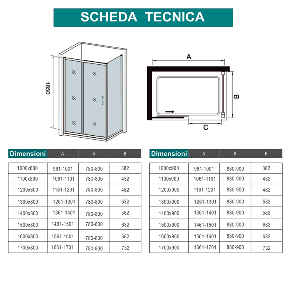 Aica 185 cm Box Doccia Angolare Porta Scorrevole con Parete Fissa Vetro Temperato 5 mm Trasparente Telaio Cromato Lucido