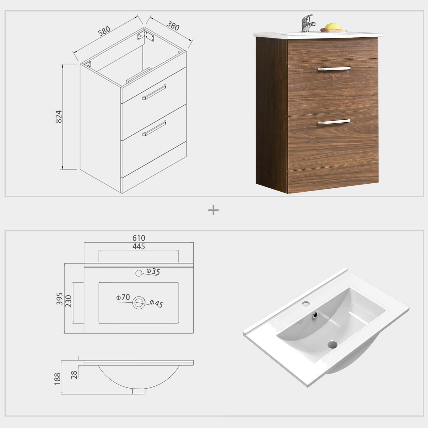 Aica Mobile Bagno 60cm Salvaspazi , con lavabo in Ceramica e 2 cassetti