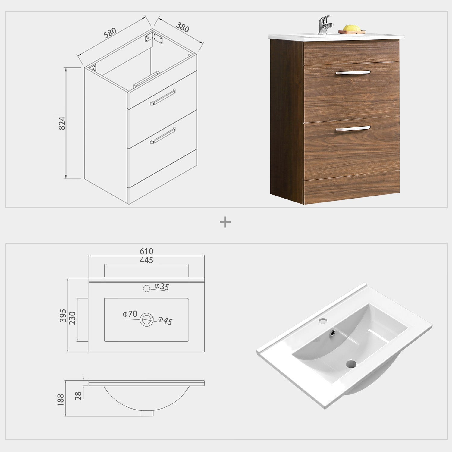 Aica Mobile Bagno 60cm Salvaspazi , con lavabo in Ceramica e 2 cassetti
