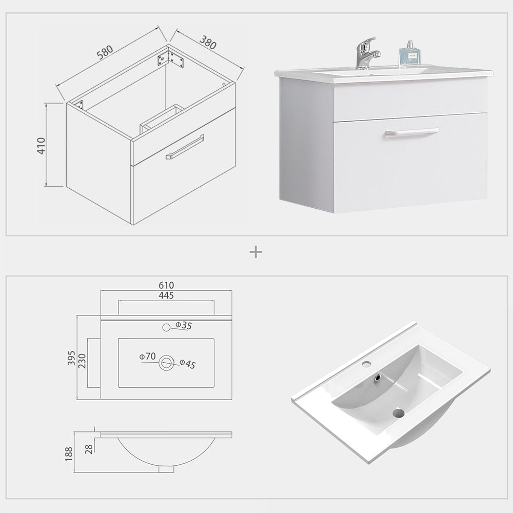 Aica Mobile Bagno 60 cm salvaspazi e sospeso , con lavabo in Ceramica e a cassetti