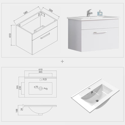 Aica Mobile Bagno 60 cm salvaspazi e sospeso , con lavabo in Ceramica e a cassetti