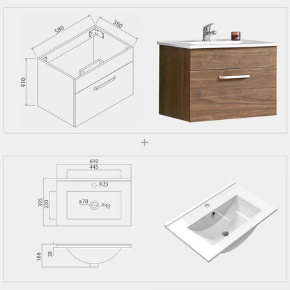 Aica Mobile Bagno 60 cm salvaspazi e sospeso , con lavabo in Ceramica e a cassetti