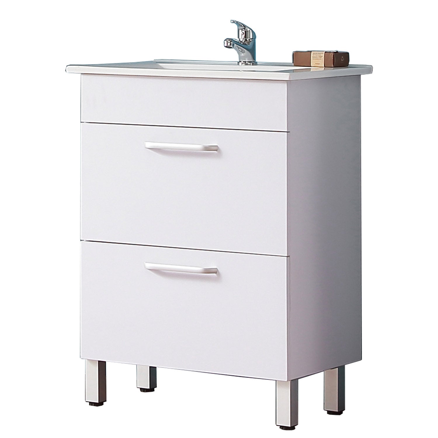 Mobile bagno Aica 60cm salva spazio, con lavabo in ceramica e 2 cassetti, con piedini in metallo - Consegna gratuita