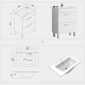 Mobile bagno Aica 60cm salva spazio, con lavabo in ceramica e 2 cassetti, con piedini in metallo