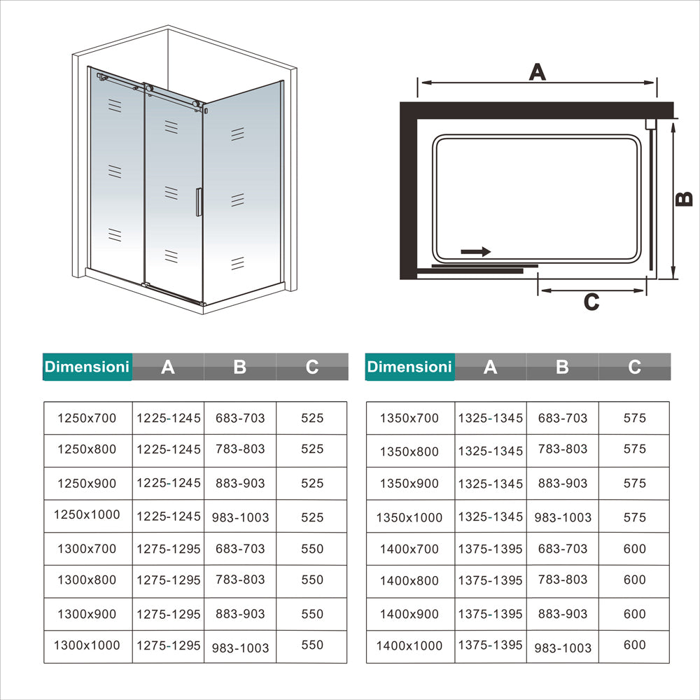 195cm Box Doccia Angolare Porta Scorrevole Ingresso Destro con Parete Fissa 80cm in Vetro da 8mm Temperato Satinato Cromo Lucido