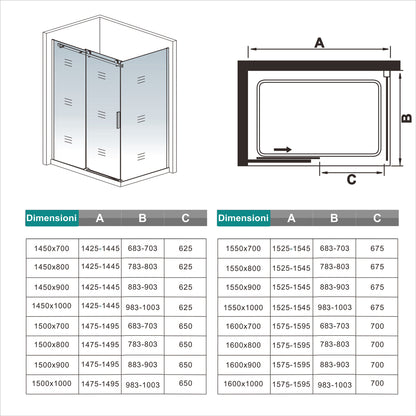 195cm Box Doccia Angolare Porta Scorrevole con Parete Fissa in Vetro da 6mm Temperato Trasparente Cromo Lucido