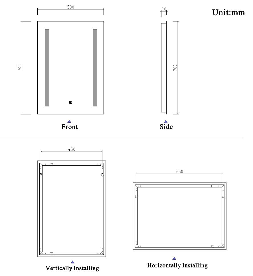 Aica60 × 45 cm LED Quadrato Specchio da Bagno Anti-appannamento Interruttore Touch Control