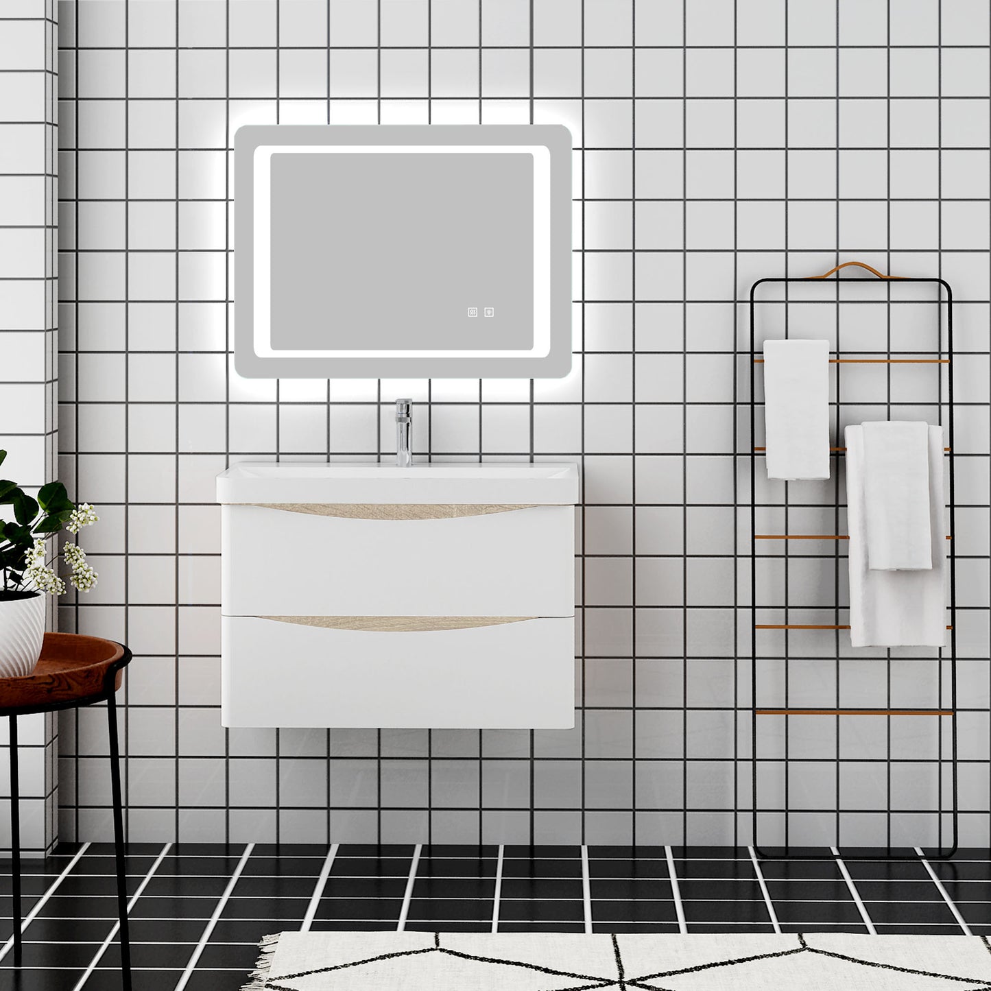 Mobile bagno sospeso salvaspazio Aica 80 cm con lavabo e cassetti in pietra artificiale