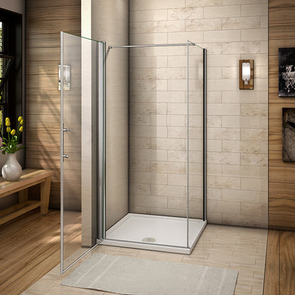 Aica Box Doccia Angolare Porta Battente Trasparente Vetro 6 mm Temperato Anticalcare Parete Fissa Barra Stabilizzatrice da 90/140 cm Alto 197cm