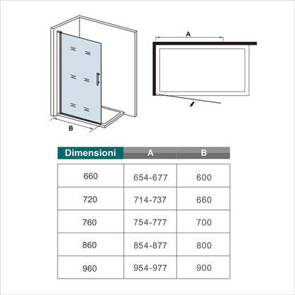 WALK IN Parete Doccia Movibile Pivotante 187/197cm in Vetro 6mm Trasparente Temperato Anticalcare Telaio Cromato Lucido