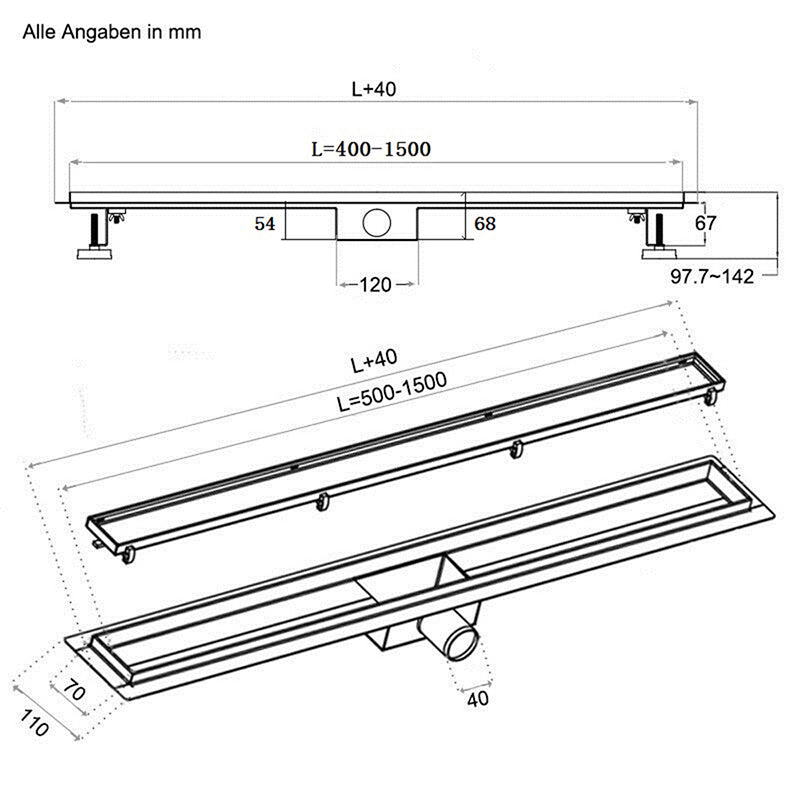 AICA Canaletta scarico canalina doccia in Acciaio Inossidabile typo Fessura per Bagno 50 60 70 80 90 100 110 120 130 140 150 cm