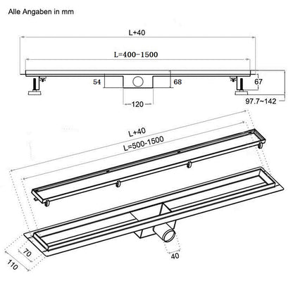 AICA Canaletta scarico canalina doccia in Acciaio Inossidabile typo Fessura per Bagno 50 60 70 80 90 100 110 120 130 140 150 cm