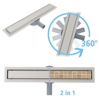 360 Ruota 2 IN 1 CANALINA CANALETTA DOCCIA LINEA SCARICO PAVIMENTO GRIGLIA SIFONE 50 60 70 80 90 cm