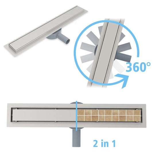 360 Ruota 2 IN 1 CANALINA CANALETTA DOCCIA LINEA SCARICO PAVIMENTO GRIGLIA SIFONE 50 60 70 80 90 cm