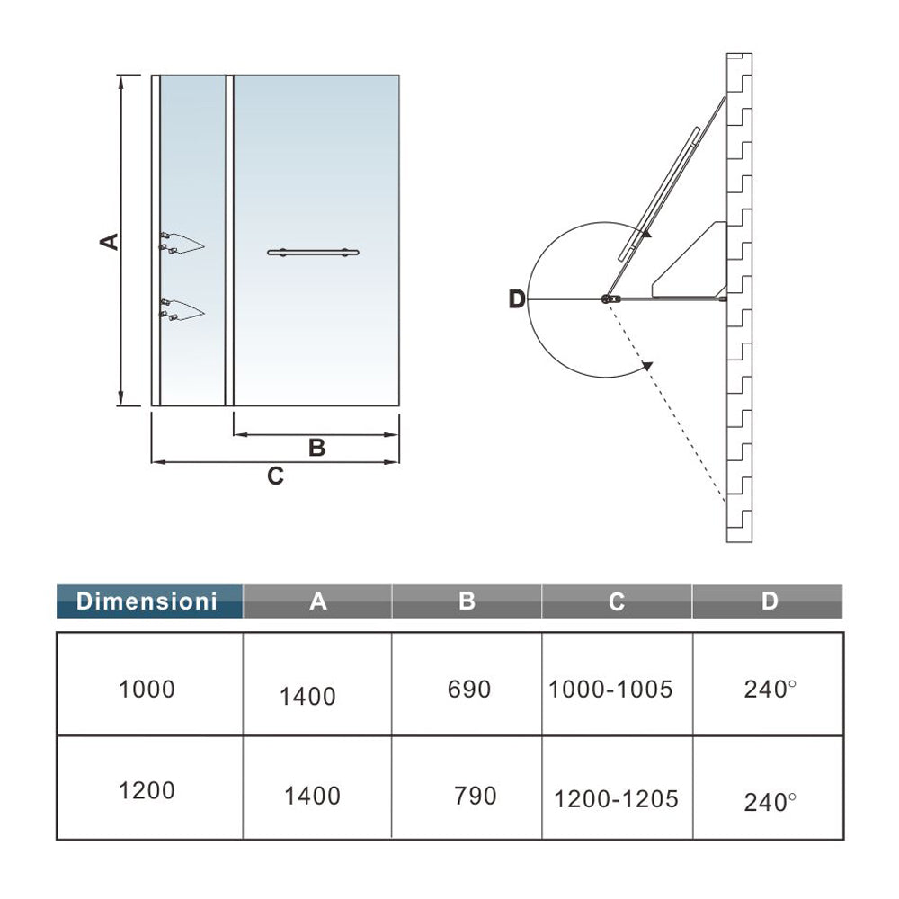 Aica 100x140 cm Sopravasca Parete Per Vasca Girevole 240° in Vetro Temperato 6mm Trasparente Due Ripiani Maniglia Portasciugamani