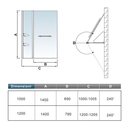 Aica 100x140 cm Sopravasca Parete Per Vasca Girevole 240° Vetro Temperato 6 mm Trasparente Inclusi Due Ripiani Maniglia Portasciugamani
