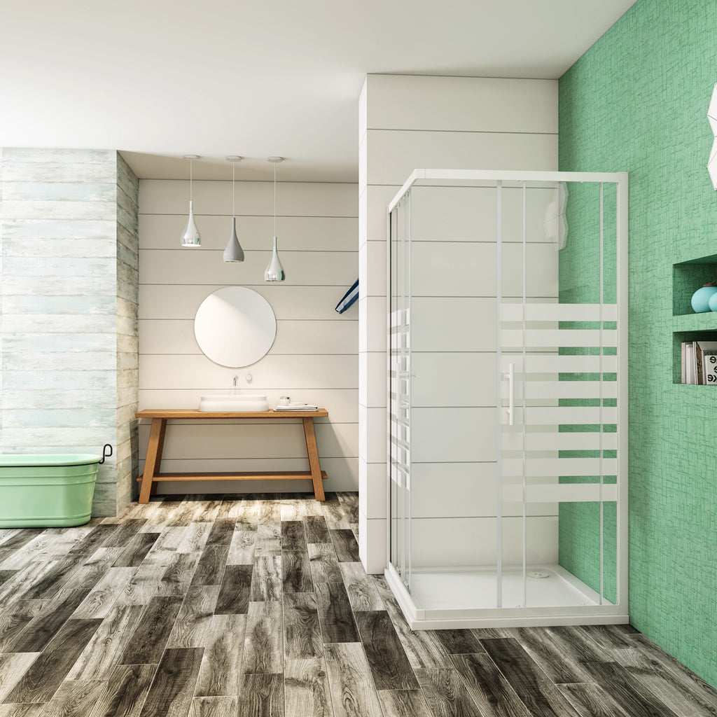 Aica 190 cm Box Doccia Angolare Porte Scorrevoli Vetro Temperato 5 mm Fascie Centrale in Serigrafato Bianco Telaio in Verniciato Bianco Opcao