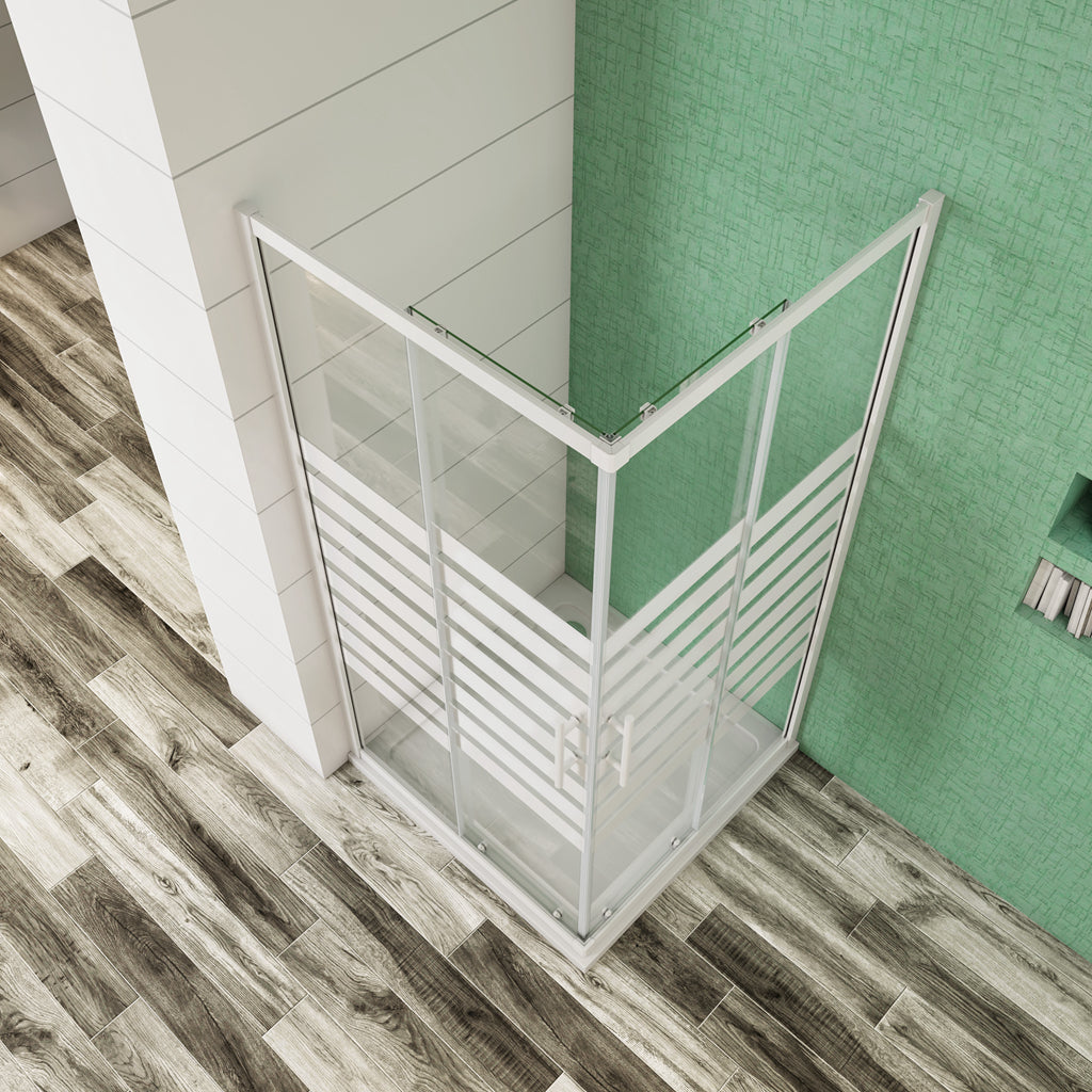 Aica 190 cm Box Doccia Angolare Porte Scorrevoli Vetro Temperato 5 mm Fascie Centrale in Serigrafato Bianco Telaio in Verniciato Bianco Opcao