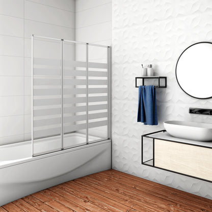 Aica 140 cm Sopravasca Parete Vasca Tre Ante Pieghevoli a Libro Verso Irreversibile Vetro 4 mm Temperato Fasce Bianche Opache Telaio Argento Opaco 130x140 Verso Destro