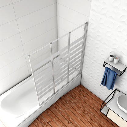 Aica 140 cm Sopravasca Parete Vasca Tre Ante Pieghevoli a Libro Verso Irreversibile Vetro 4 mm Temperato Fasce Bianche Opache Telaio Argento Opaco