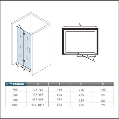 Aica 195cm Box Doccia Per Nicchia Porta Battente Un'Anta Con Barra Stabilizzatrice Vetro Temperato Trasparente Anticalcare Da 6 mm