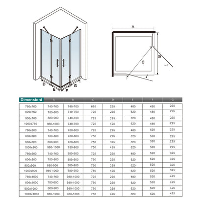 Aica 195 cm Box Doccia Angolare Doppie Porte Battenti Vetro 6 mm Temperato Anticalcare Trasparente Telaio Cromo Lucido varie dimensioni