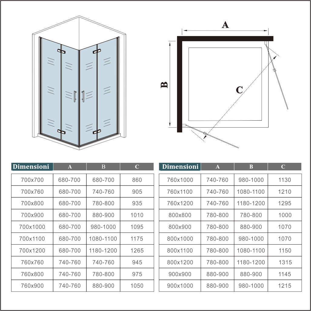 Aica 185 cm Box Doccia Angolare Doppia Porta Apertura Battente-Pieghevole Vetro 6 mm Temperato Trasparente Anticalcare
