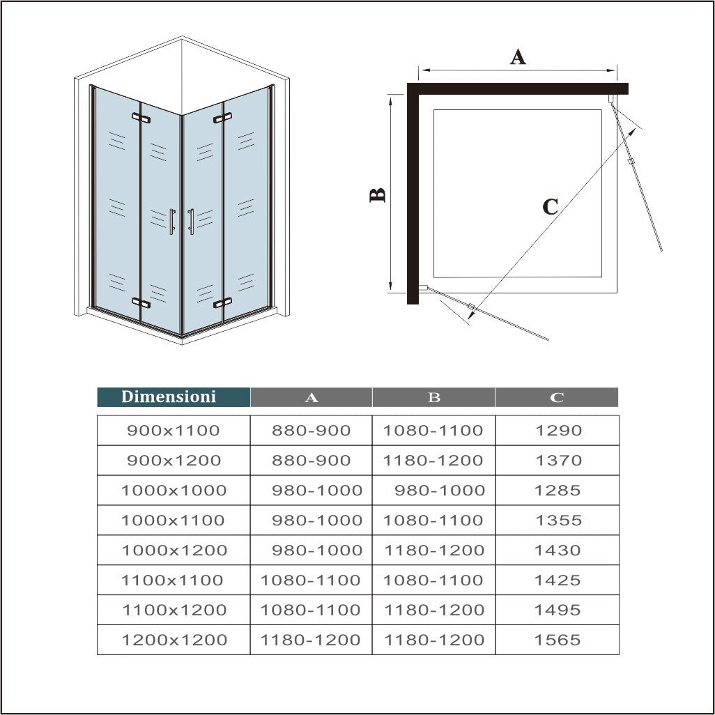 190cm Box Doccia Angolare Doppia Porta Battente Pieghevole in Vetro Temperato Trasparente 5mm Anticalcare Telaio Nero Opaco