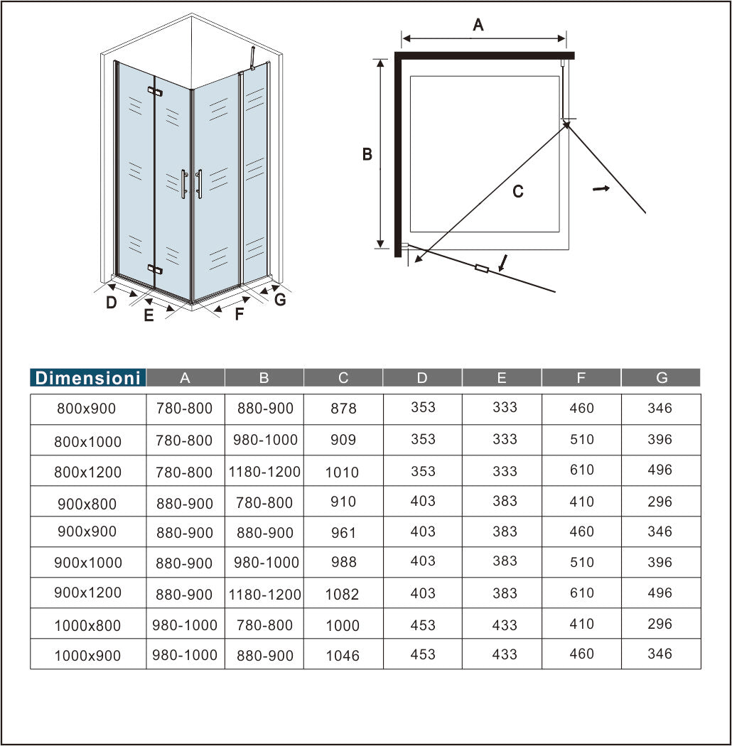 Aica 195 cm Box Doccia Angolare Porta Pieghevole Porta Battente Vetro 6mm Anticalcare Trasparente Barra Stabilizzatrice Cromo Lucido