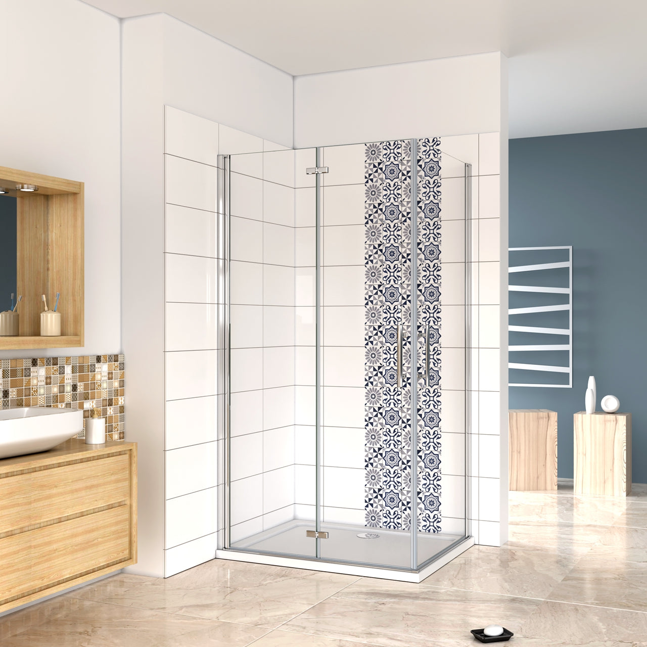 Aica 185/195 cm Box Doccia Angolare Porta Pieghevole pi Porta Battente in Vetro 6mm Temperato Anticalcare Trasparente Telaio Cromo Lucido