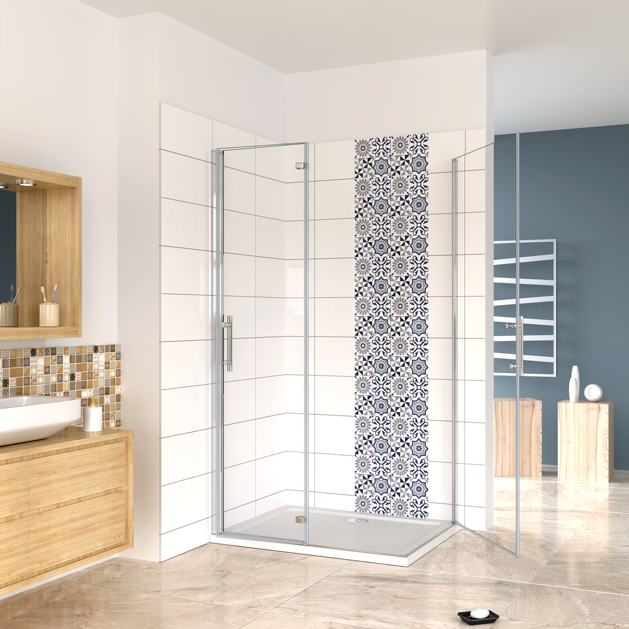 Aica 185/195 cm Box Doccia Angolare Porta Pieghevole pi Porta Battente in Vetro 6mm Temperato Anticalcare Trasparente Telaio Cromo Lucido