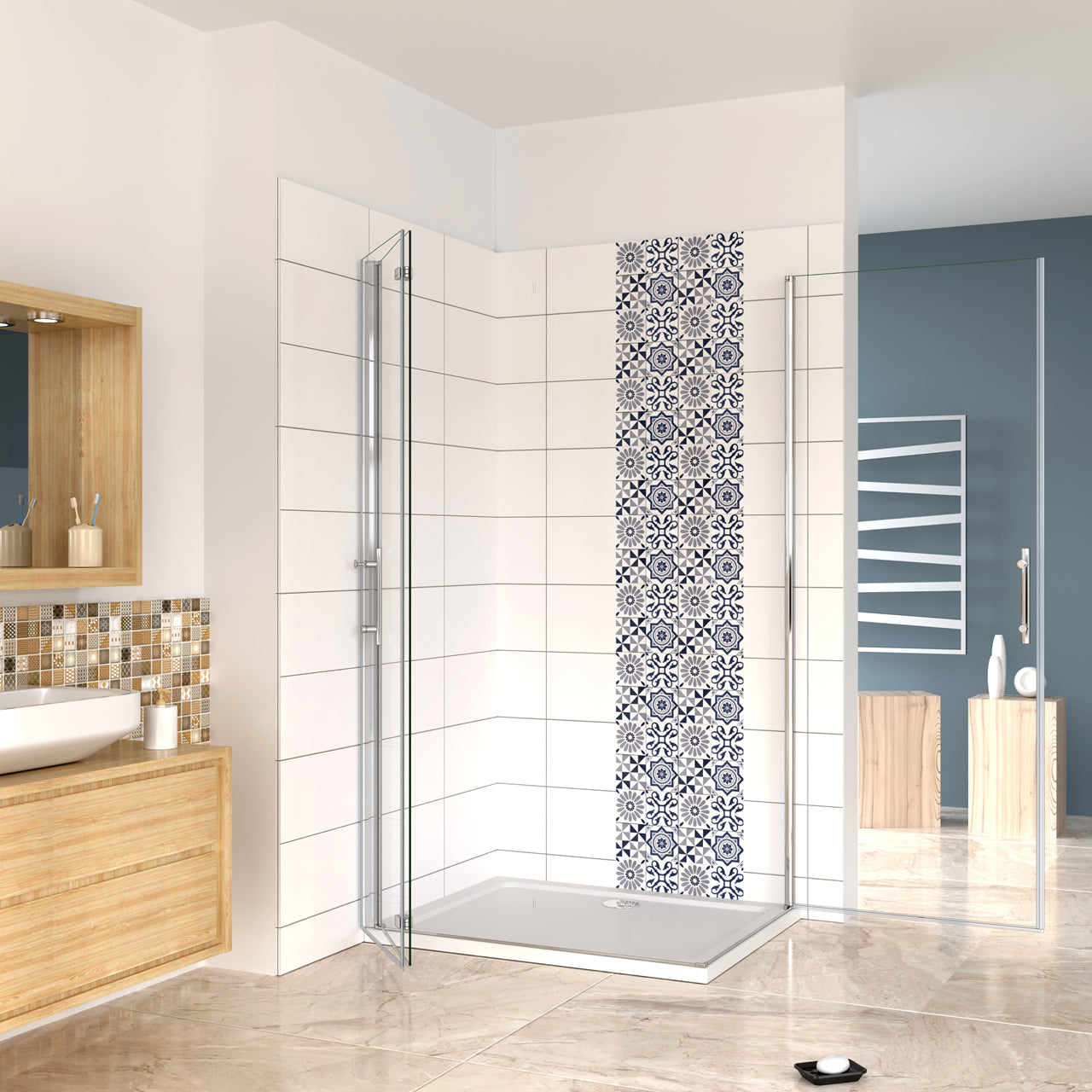Aica 185/195 cm Box Doccia Angolare Porta Pieghevole pi Porta Battente in Vetro 6mm Temperato Anticalcare Trasparente Telaio Cromo Lucido