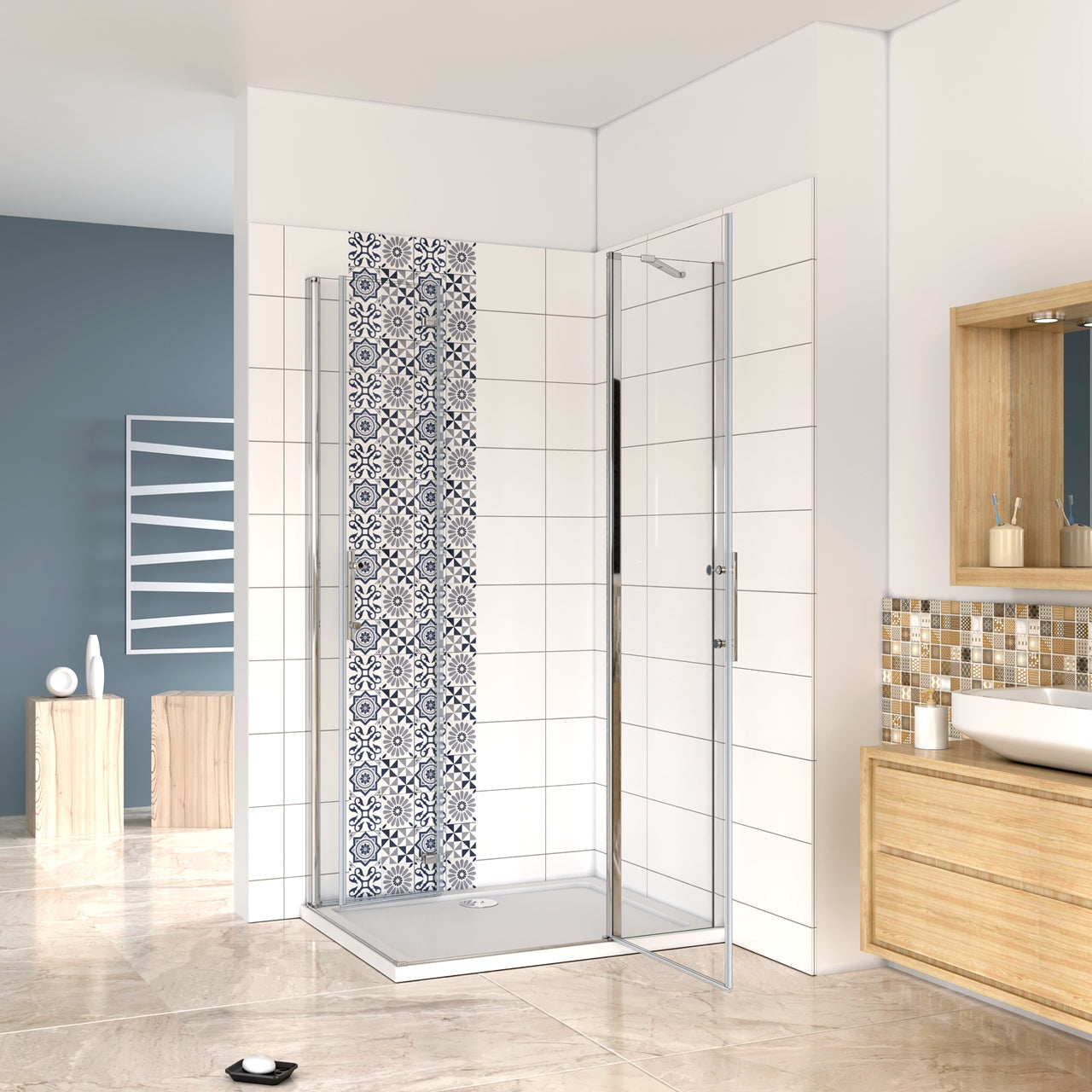 Aica 195 cm Box Doccia Angolare Porta Pieghevole Porta Battente Vetro 6mm Anticalcare Trasparente Barra Stabilizzatrice Cromo Lucido