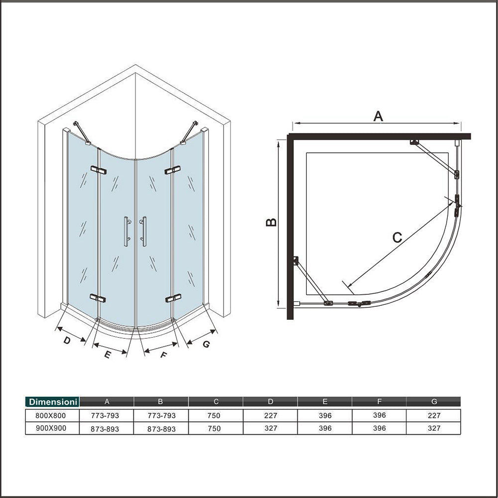 195cm Box Doccia Semicircolare Doppia Porta Battente Vetro 6mm Temperato Trasparente Easyclean, Barra Stabilizzatrice e Telai in Nero Opaco