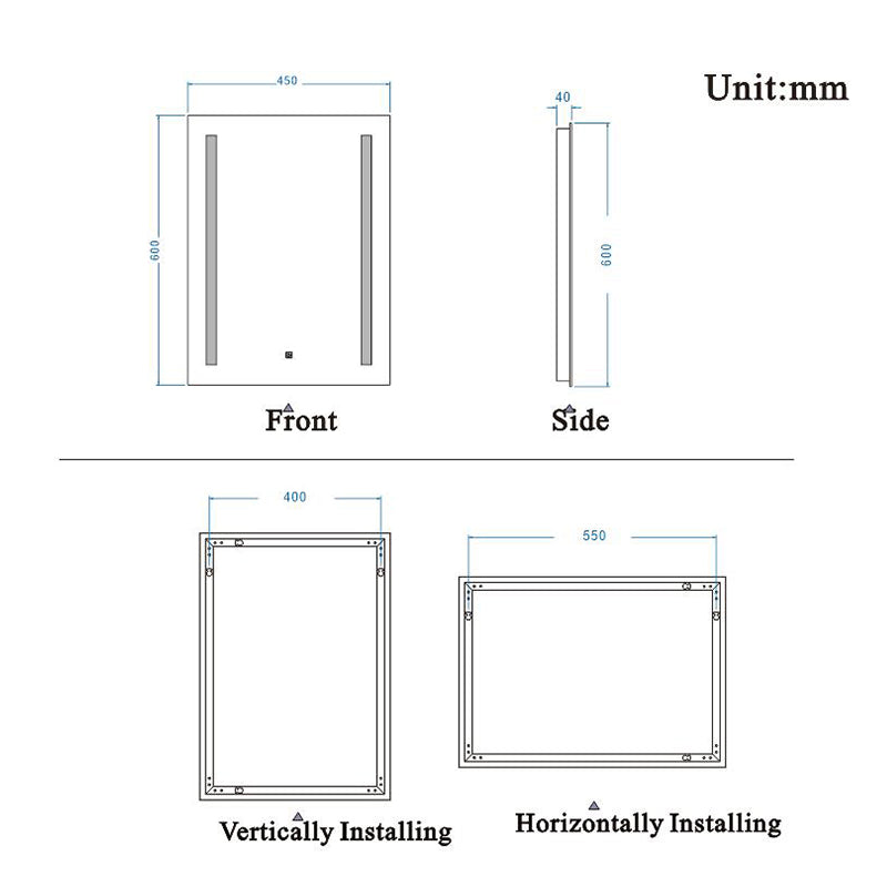 Aica60 × 45 cm LED Quadrato Specchio da Bagno Anti-appannamento Interruttore Touch Control