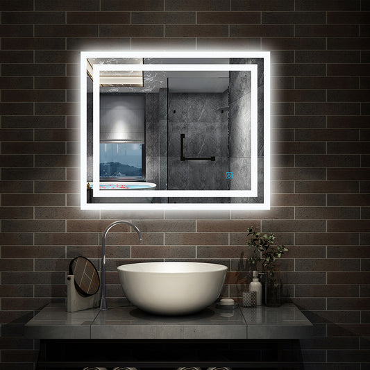 Specchio Per Trucco Da Parete A Parete Con Specchio A Led Per Il Bagno A Parete A Led Nuovo Pulsante,Bianco Freddo,Anti-Appannamento 60x50x4cm