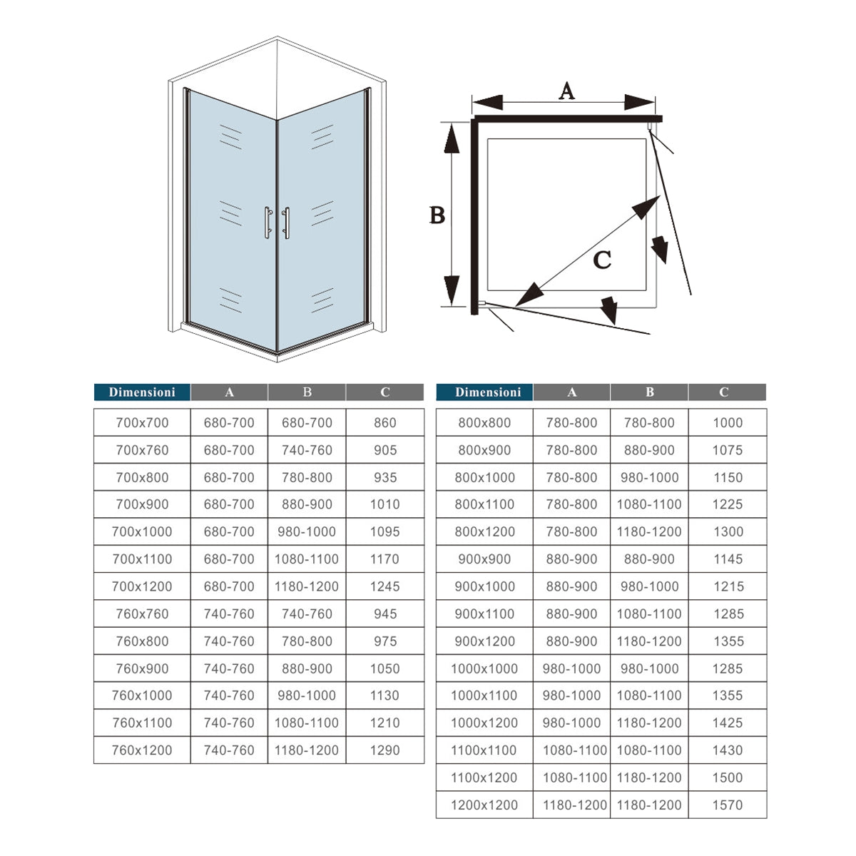 Aica 185 cm Box Doccia Angolare Doppia Porta Battente Vetro Temperato 5 mm Trasparente Profilo in Alluminio Processo di Elettroforesi